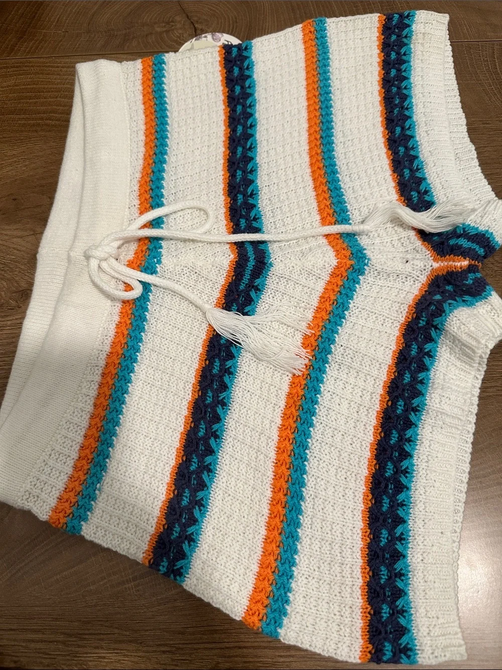 White Knit Two-Piece Tank & Shorts Set with Teal and Orange Stripes